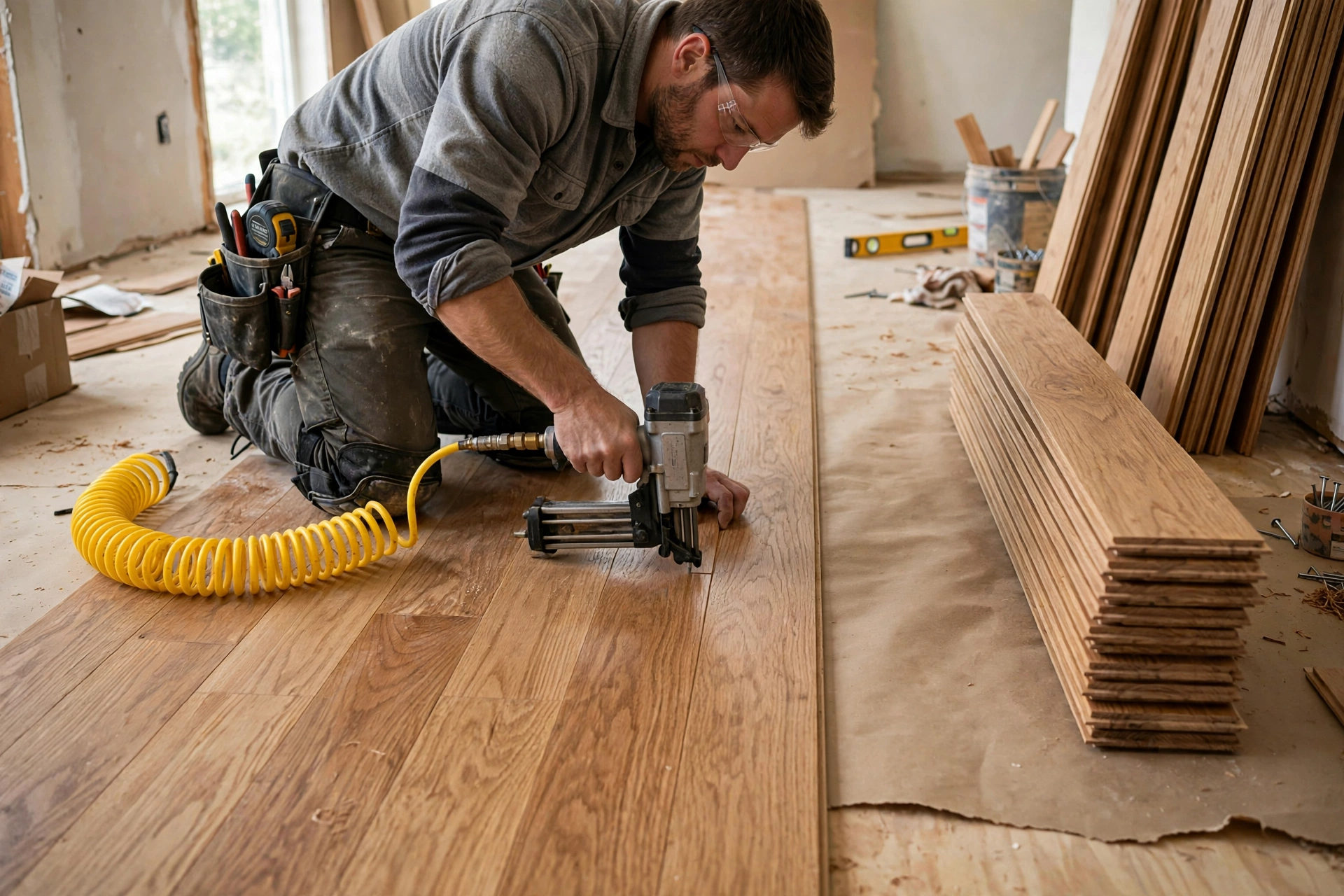 Installer nailing down solid oak hardwood flooring in a Sarnia home