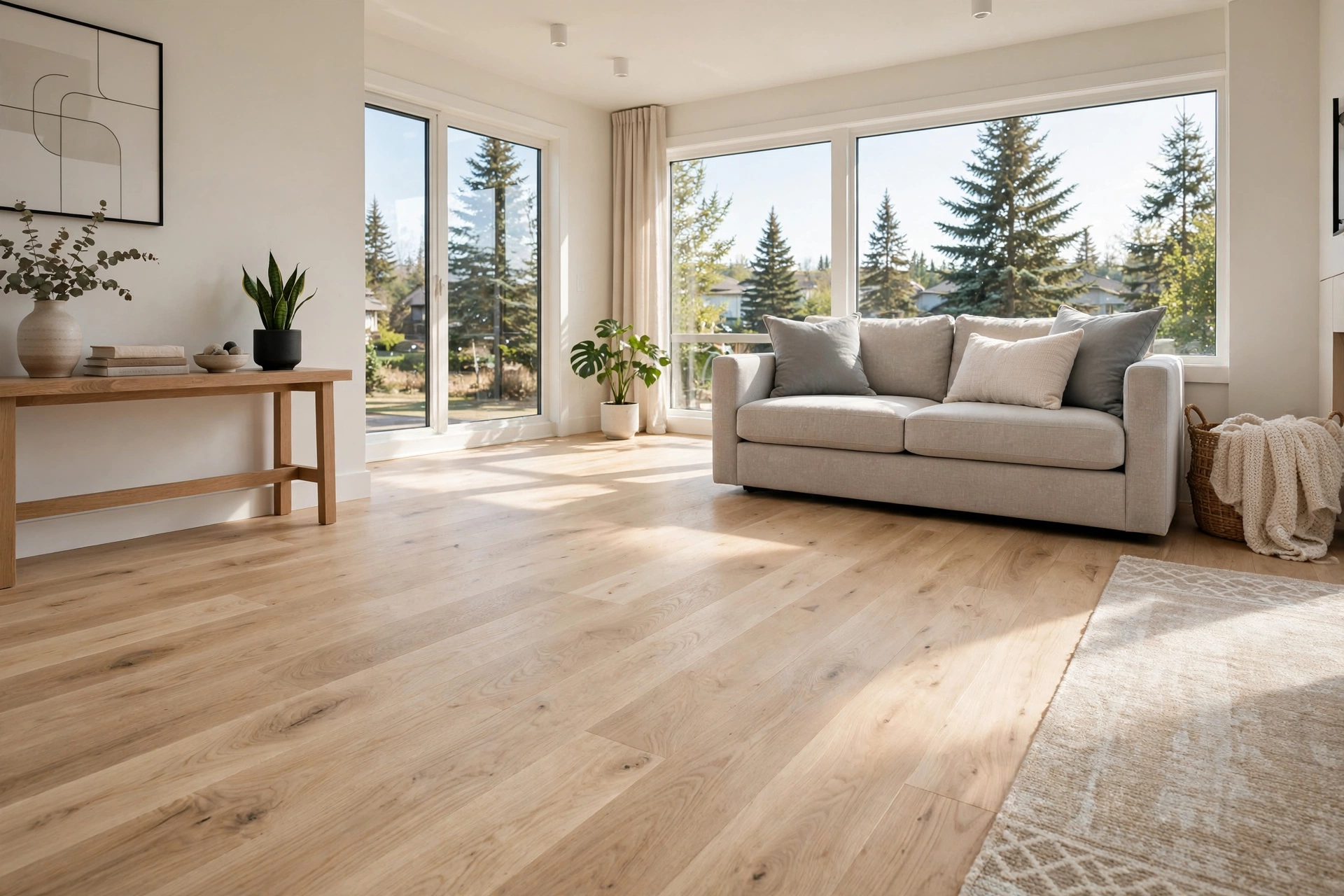 Wide-plank white oak hardwood flooring in a bright Sarnia living room