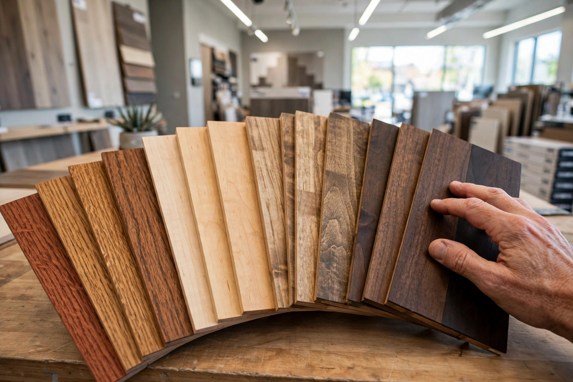 Hardwood flooring samples in oak, maple, hickory and walnut finishes